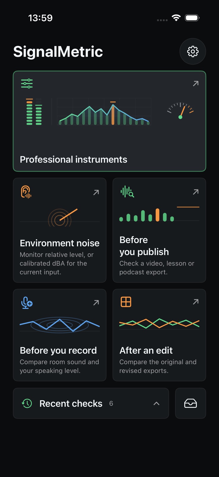 SignalMetric home screen with publishing, recording, comparison and professional instrument workflows