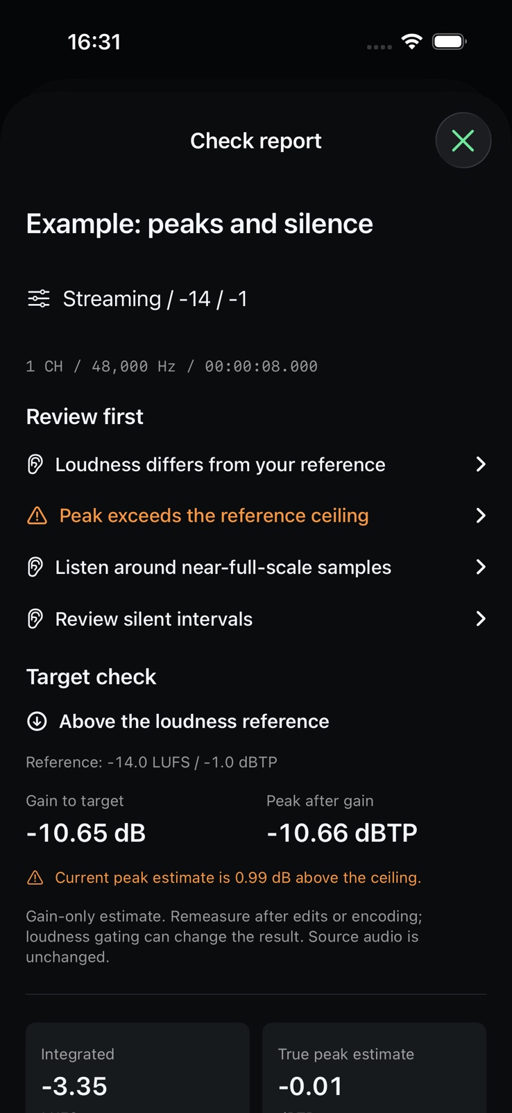 SignalMetric file check report showing loudness, peak and silence findings