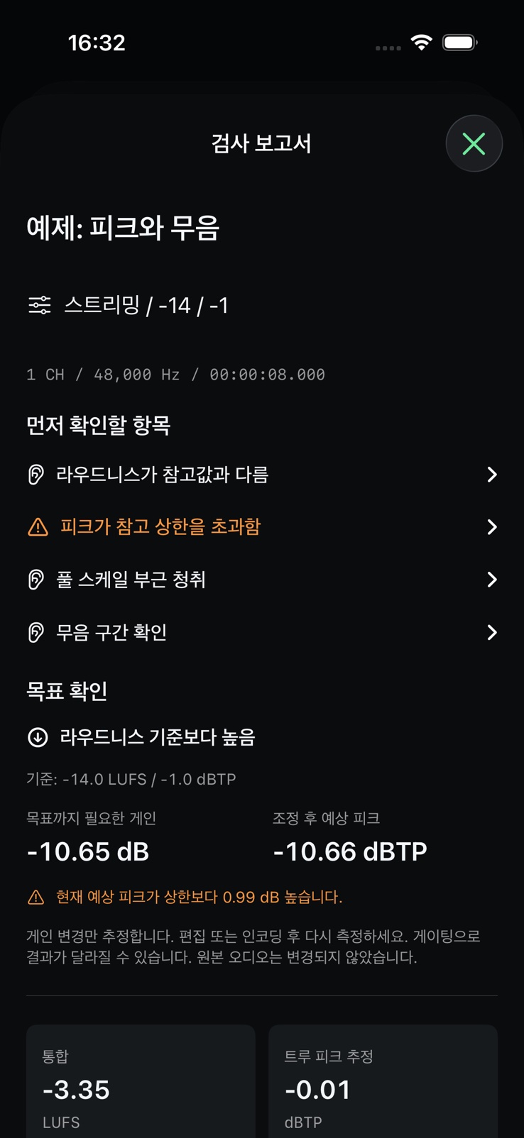 라우드니스, 피크, 무음 문제를 보여 주는 SignalMetric 파일 점검 보고서