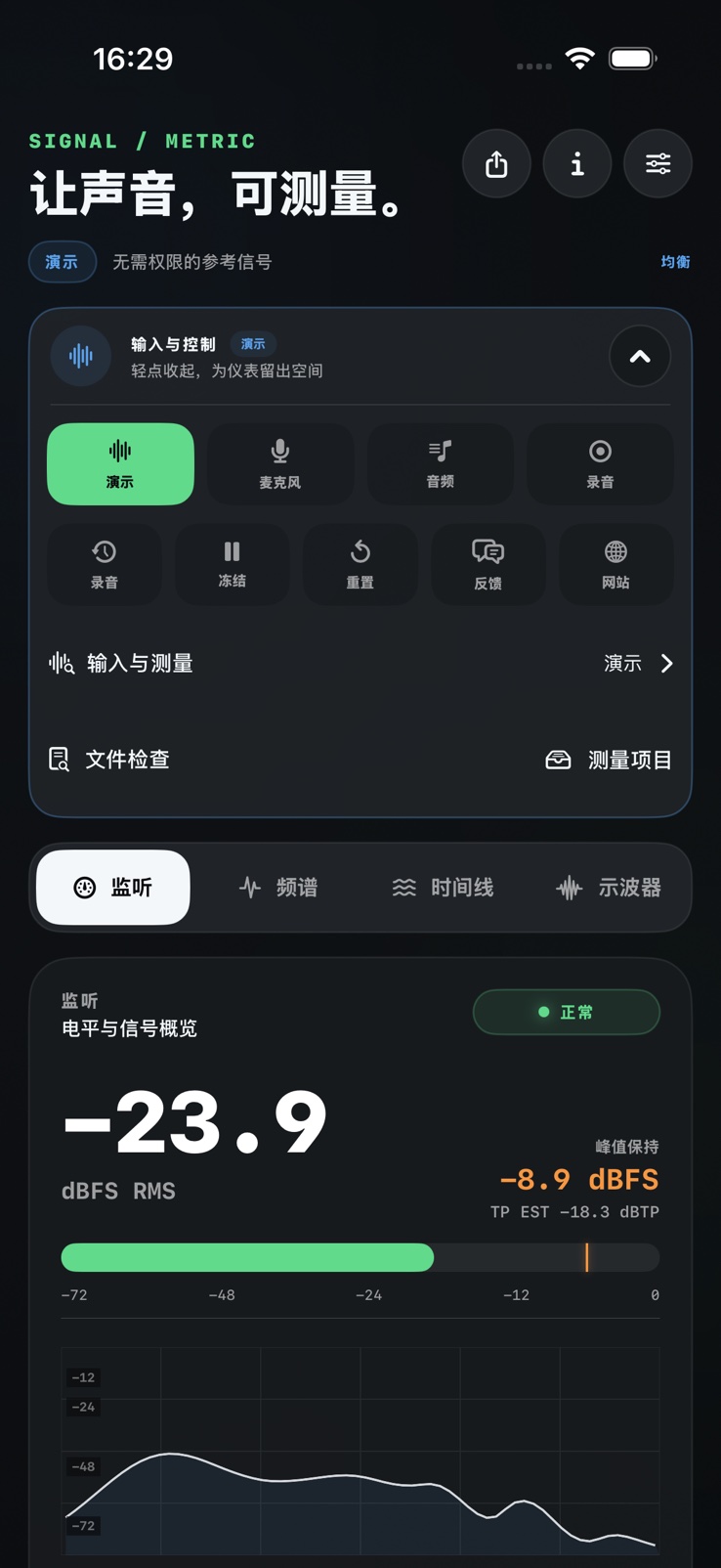 SignalMetric 专业 Monitor 工作区，包含输入控制、电平表与频谱