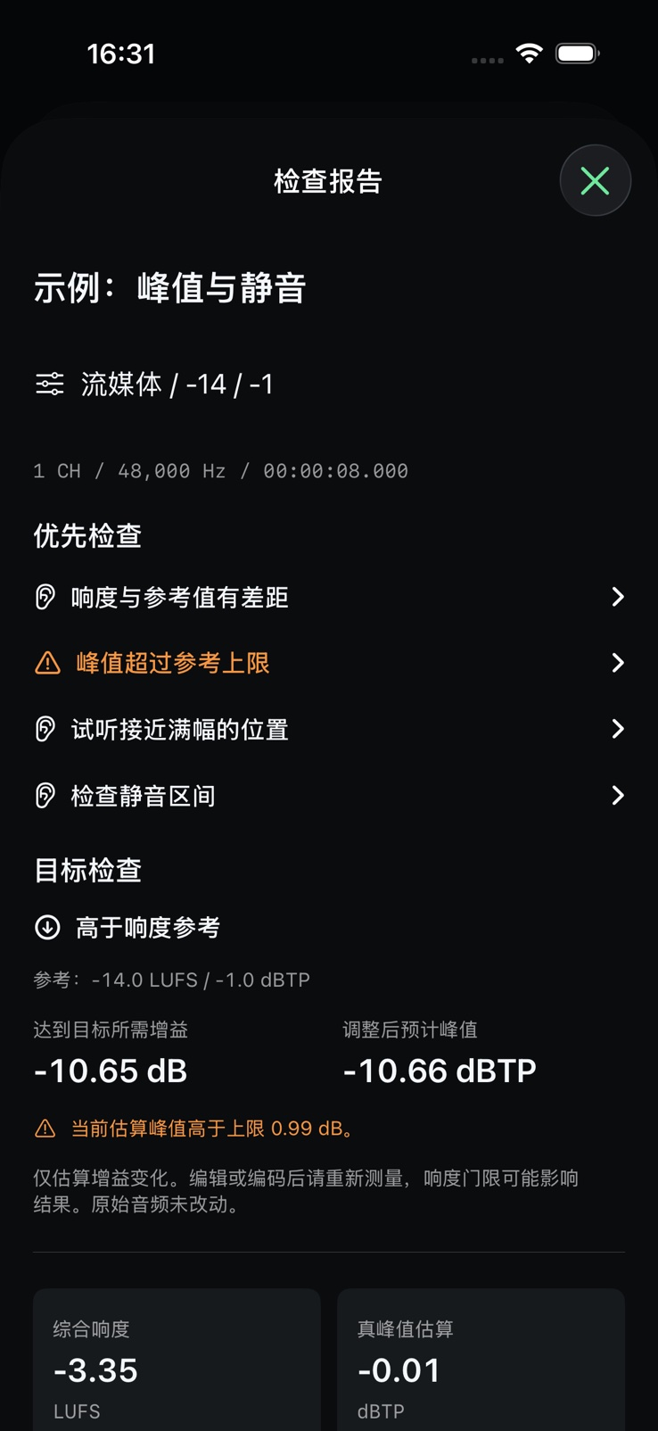 SignalMetric 文件检查报告，展示响度、峰值与静音问题