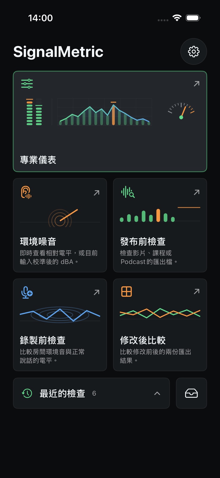 SignalMetric 首頁,包含發佈前檢查、錄音準備、版本比較和專業儀表入口